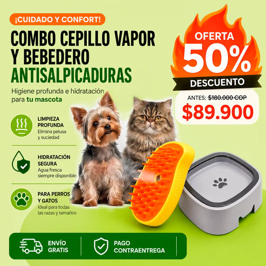 COMBO Cepillo vaporizador y Bebedero anti-salpicaduras - "Relax, si 🐱🐶 Desorden, no 🏠"
